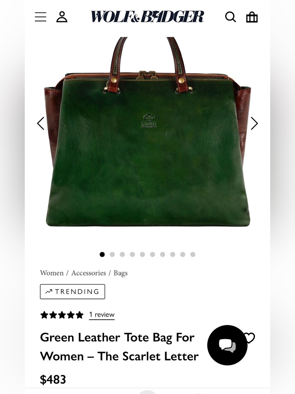 Wolf and Badger Green Leather Tote Bag with Brown Handles - Picture 9 of 9